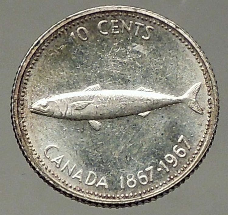 1967 CANADA Confederation Centennial Silver 10 Cents Coin MACKEREL FISH i57830