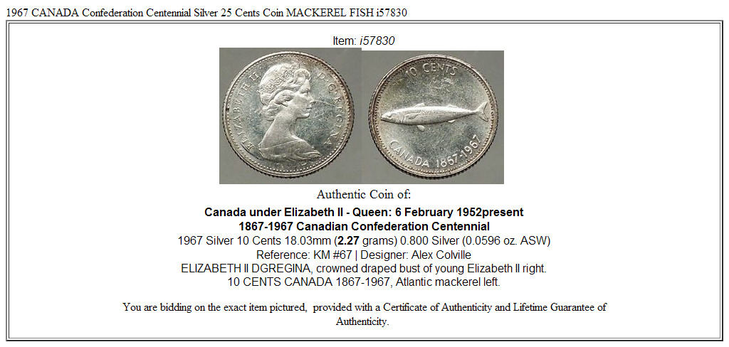 1967 CANADA Confederation Centennial Silver 10 Cents Coin MACKEREL FISH i57830