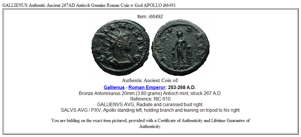 GALLIENUS Authentic Ancient 267AD Antioch Genuine Roman Coin w God APOLLO i66492