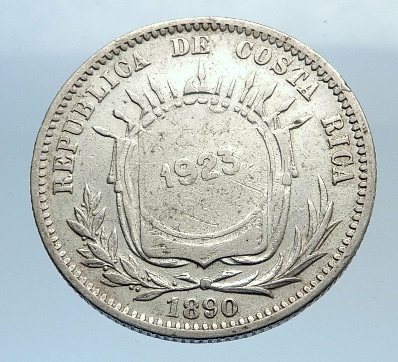 1923 COSTA RICA Counterstamped Wreath Genuine Silver 50 Centimos Coin i74090