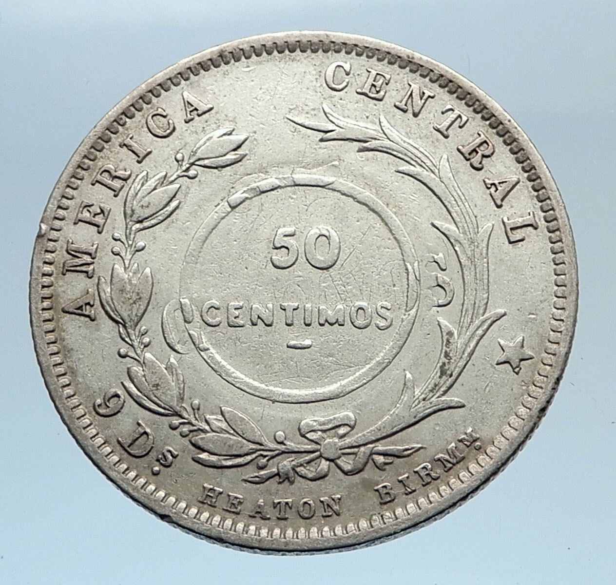 1923 COSTA RICA Counterstamped Wreath Genuine Silver 50 Centimos Coin i74090