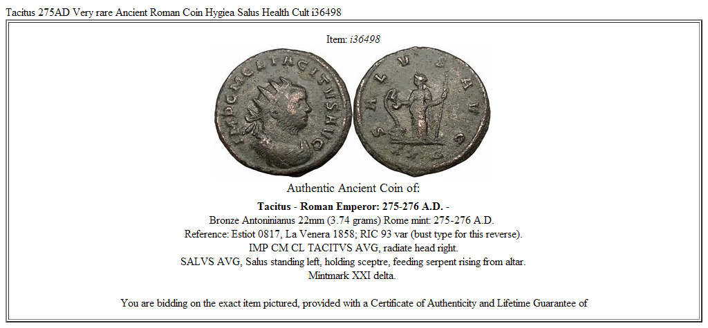 Tacitus 275AD Authentic Ancient Roman Coin Hygiea Salus Health Cult i36498