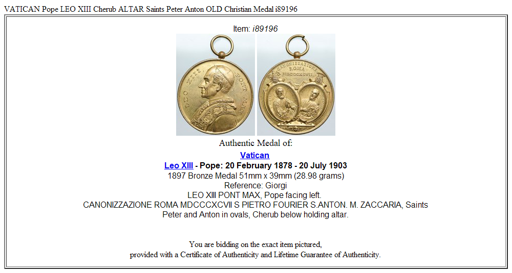 VATICAN Pope LEO XIII Cherub ALTAR Saints Peter Anton OLD Christian Medal i89196