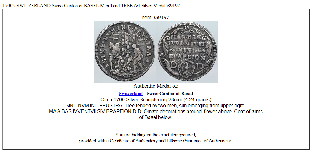 1700's SWITZERLAND Swiss Canton of BASEL Men Tend TREE Art Silver Medal i89197