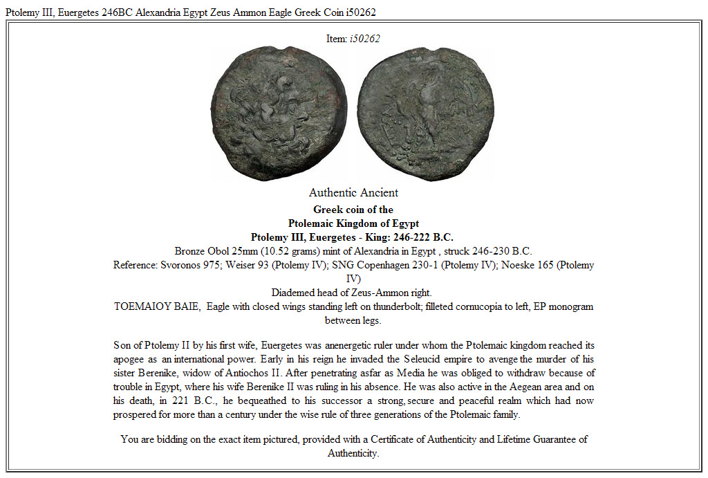 Ptolemy III, Euergetes 246BC Alexandria Egypt Zeus Ammon Eagle Greek Coin i50262