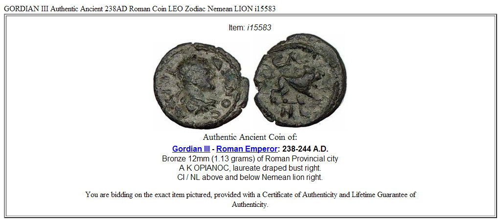 GORDIAN III Authentic Ancient 238AD Roman Coin LEO Zodiac Nemean LION i15583