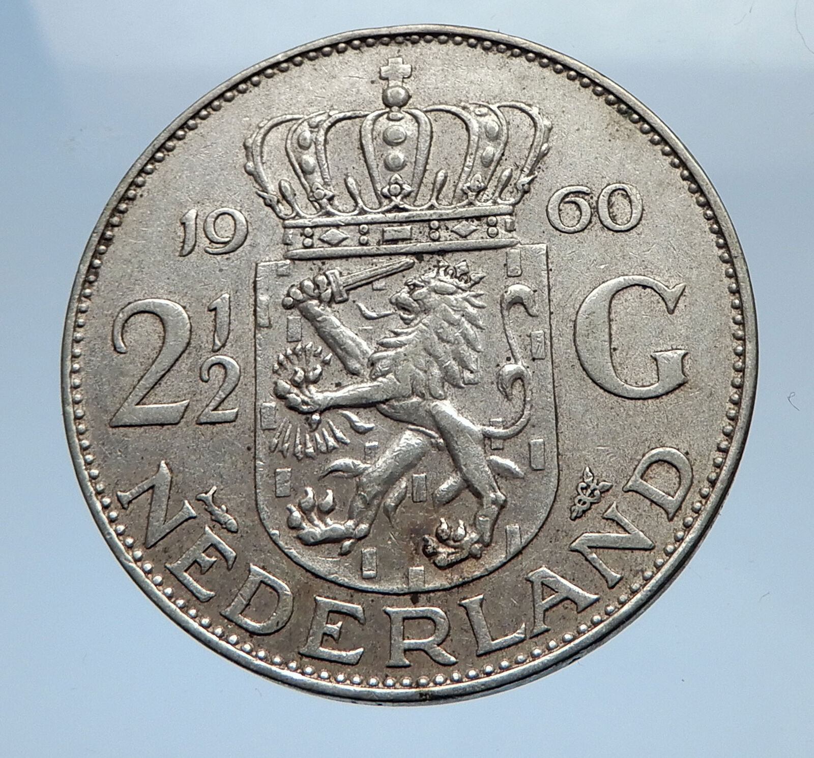 1960 Netherlands Kingdom Queen JULIANA 2 1/2 Gulden Authentic Silver Coin i69471