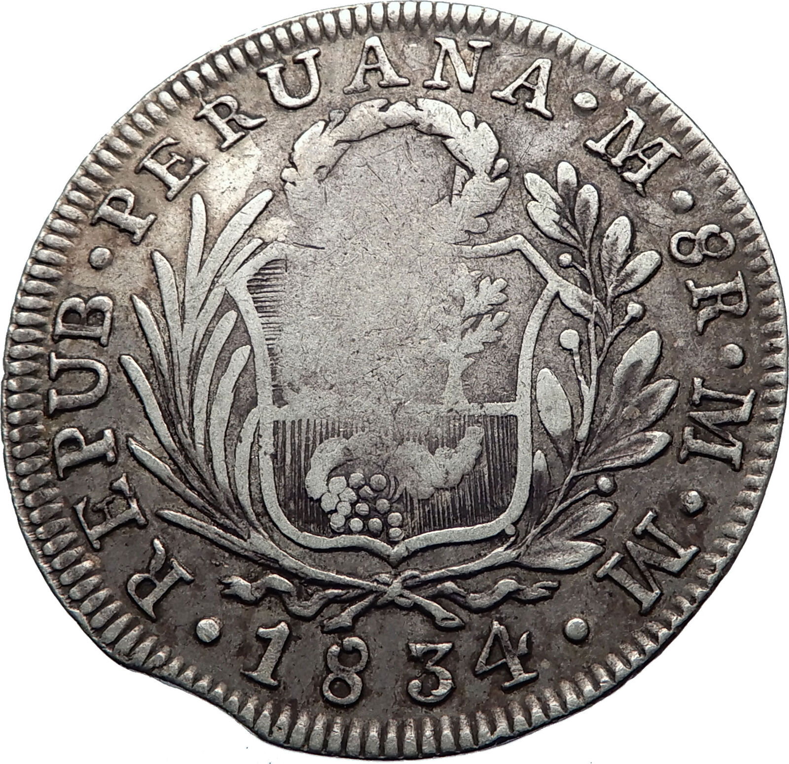 1834 PERU Silver South America 8 Reales Antique LIBERY COAT of ARMS Coin i71809