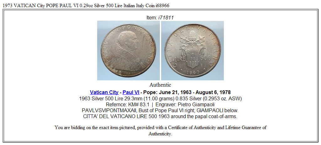 1963 VATICAN City POPE PAUL VI 0.29oz Silver 500 Lire Italian Italy Coin i71811