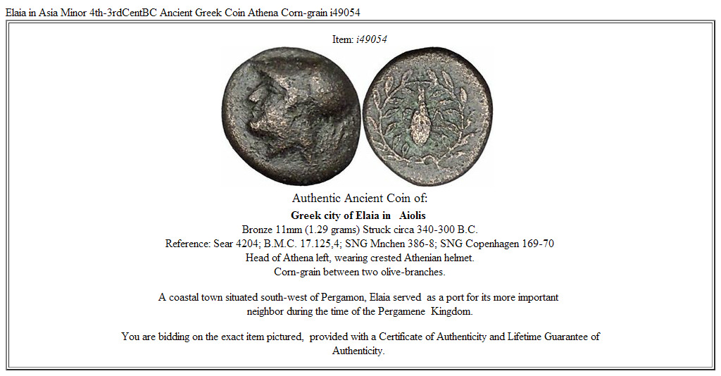 Elaia in Asia Minor 4th-3rdCentBC Ancient Greek Coin Athena Corn-grain i49054