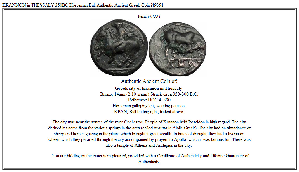 KRANNON in THESSALY 350BC Horseman Bull Authentic Ancient Greek Coin i49351