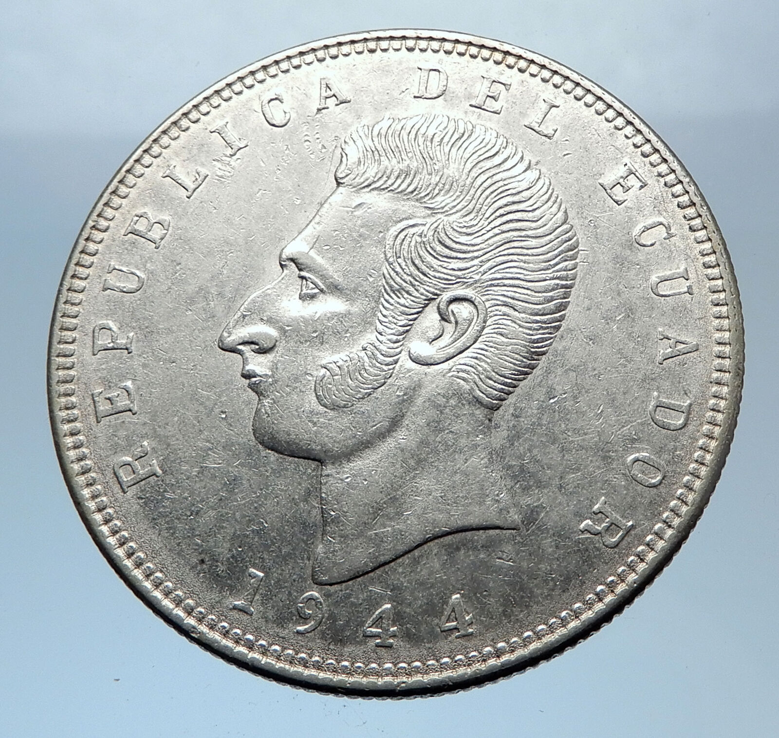 1944 EQUADOR Antonio Jose de Sucre y Alcala Antique Silver 5 Sucres Coin i72411