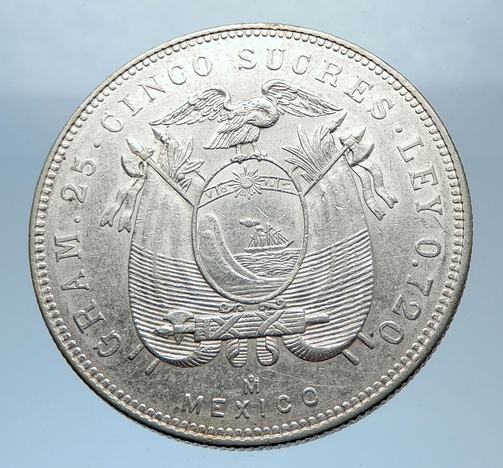 1944 EQUADOR Antonio Jose de Sucre y Alcala Antique Silver 5 Sucres Coin i72411