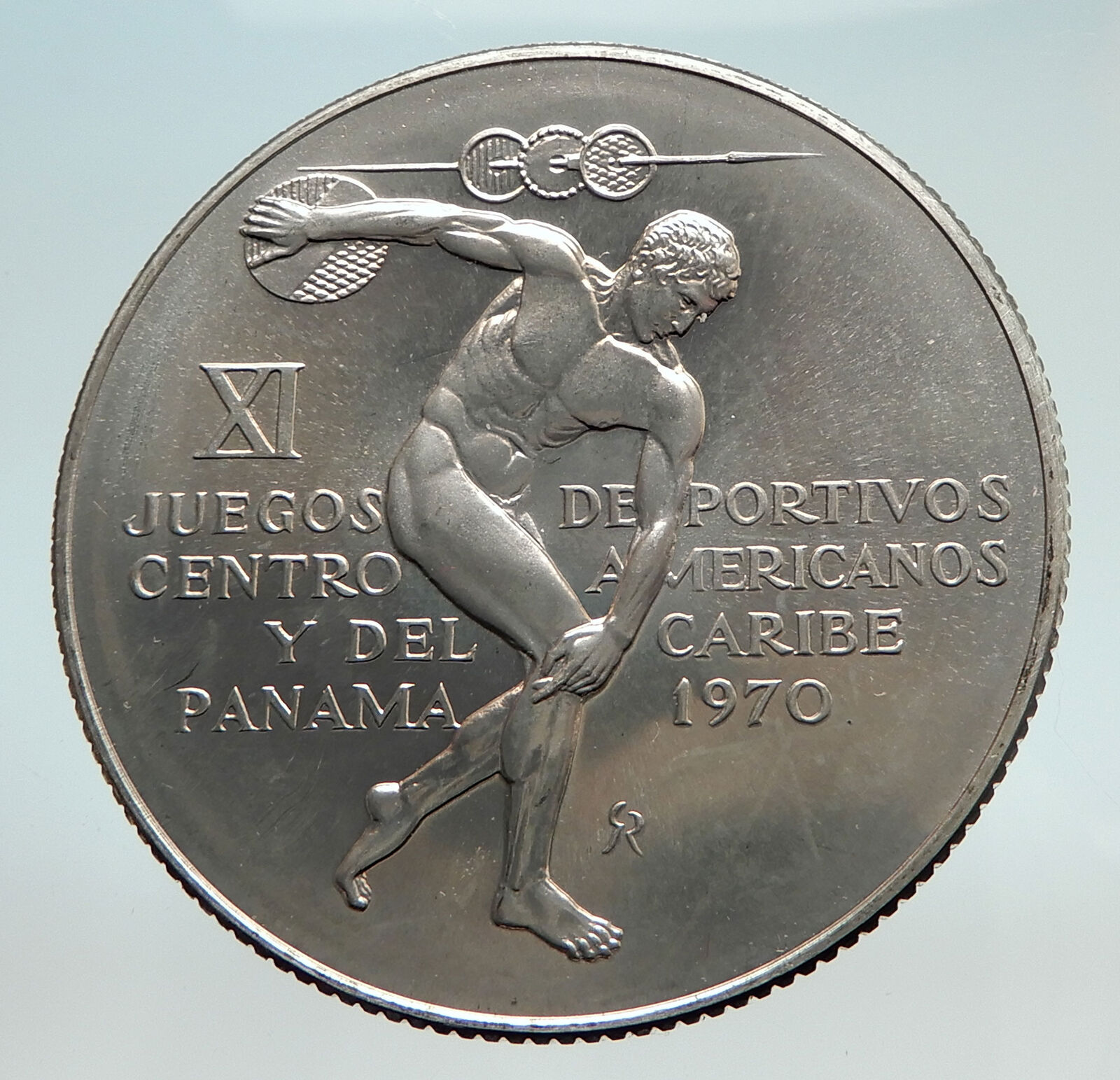 1970 PANAMA Olympic Style Games w GREEK DISC THROWER ATHLETE Silver Coin i74521