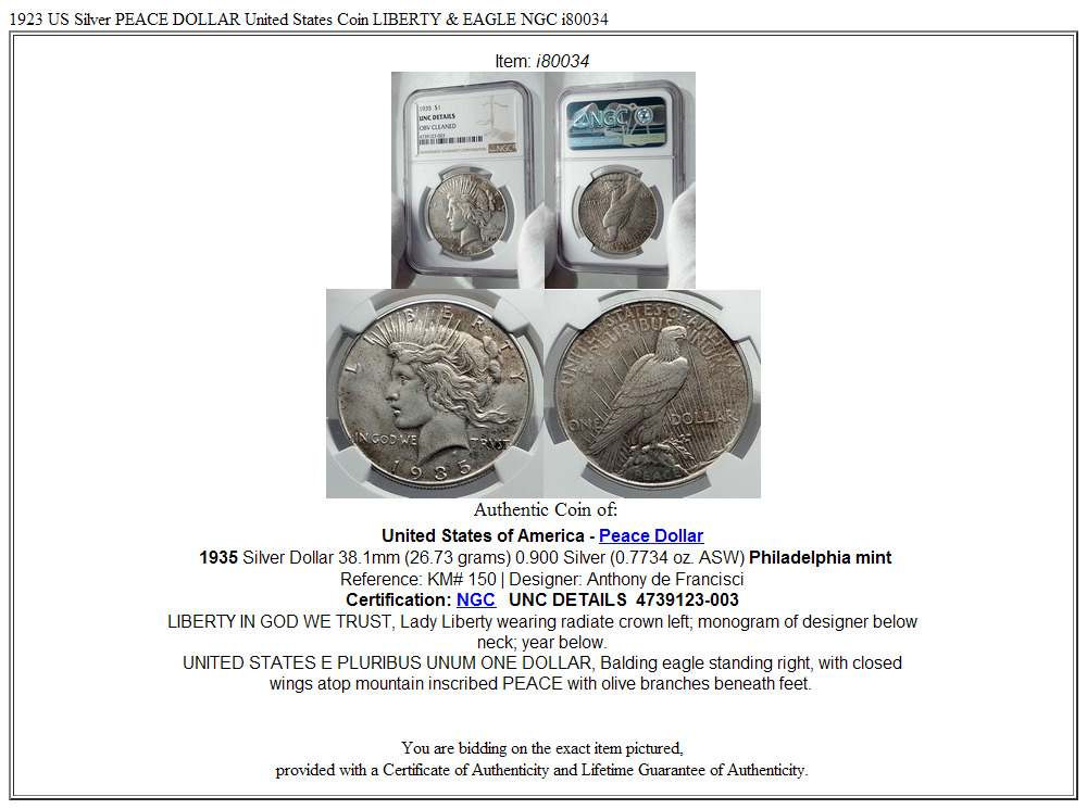 1935 US Silver PEACE DOLLAR United States Coin LIBERTY & EAGLE NGC i80034