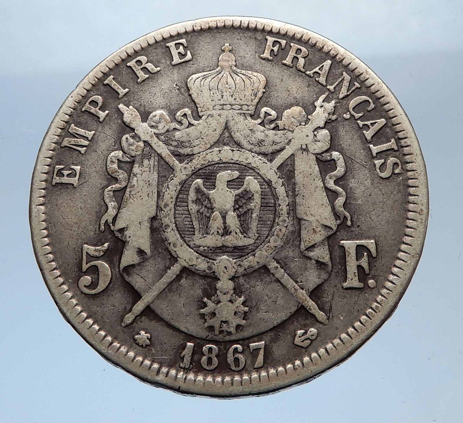 1867 FRANCE Emperor NAPOLEON III Silver 5 Francs French Coin Coat-of-Arms i69377