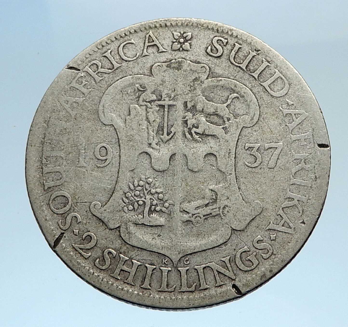 1937 SOUTH AFRICA Large GEORGE VI Shields Antique Silver 5 Shillings Coin i74277