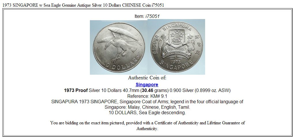 1973 SINGAPORE w Sea Eagle Genuine Antique Genuine Silver 10 Dollars Coin i75051