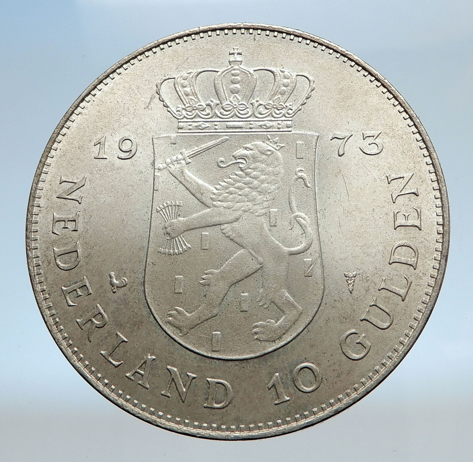 1973 Netherlands Kingdom Queen JULIANA Authentic Silver 10 Gulden Coin i74082