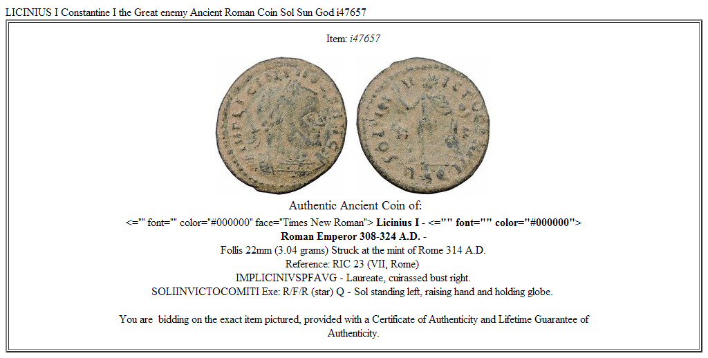 LICINIUS I Constantine I the Great enemy Ancient Roman Coin Sol Sun God i47657