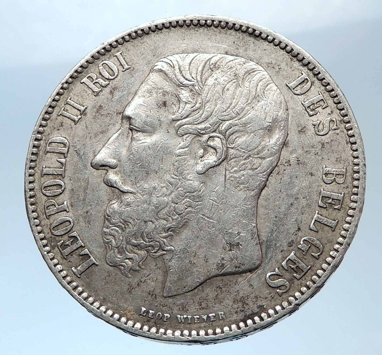 1873 BELGIUM Antique Silver 5 Francs Coin of King LEOPOLD II w LION i73975