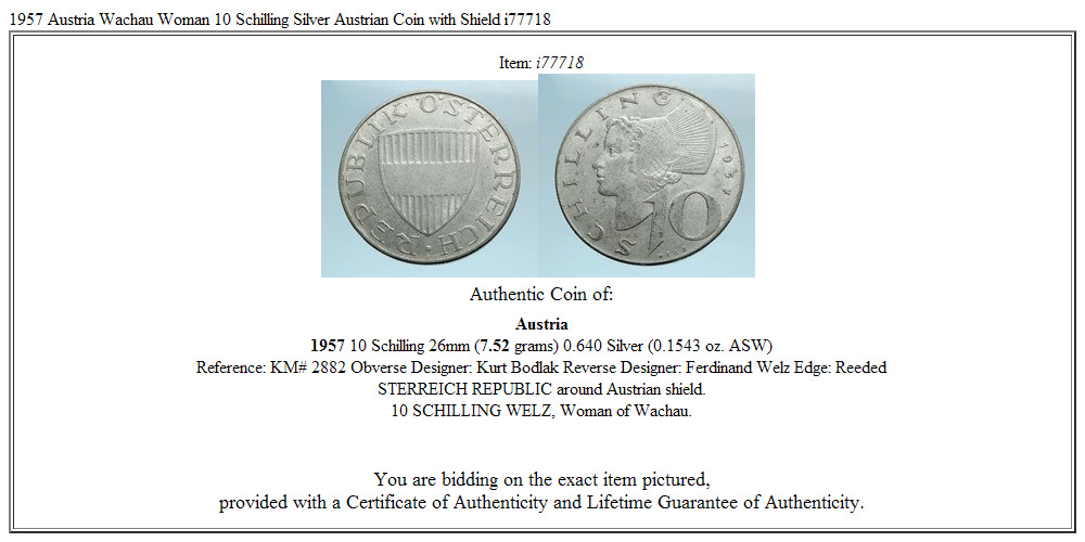 1957 Austria Wachau Woman 10 Schilling Silver Austrian Coin with Shield i77718