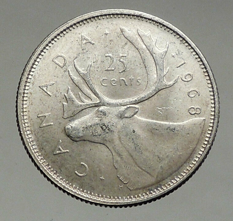 1968 CANADA United Kingdom Queen Elizabeth II CARIBOU Silver 25 Cent Coin i56890