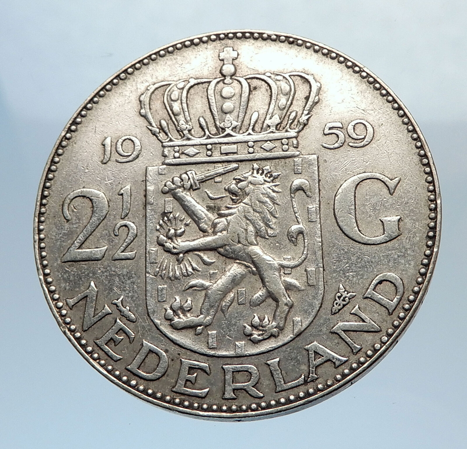 1959 Netherlands Kingdom Queen JULIANA Authentic Silver 2 1/2 Gulden Coin i71599