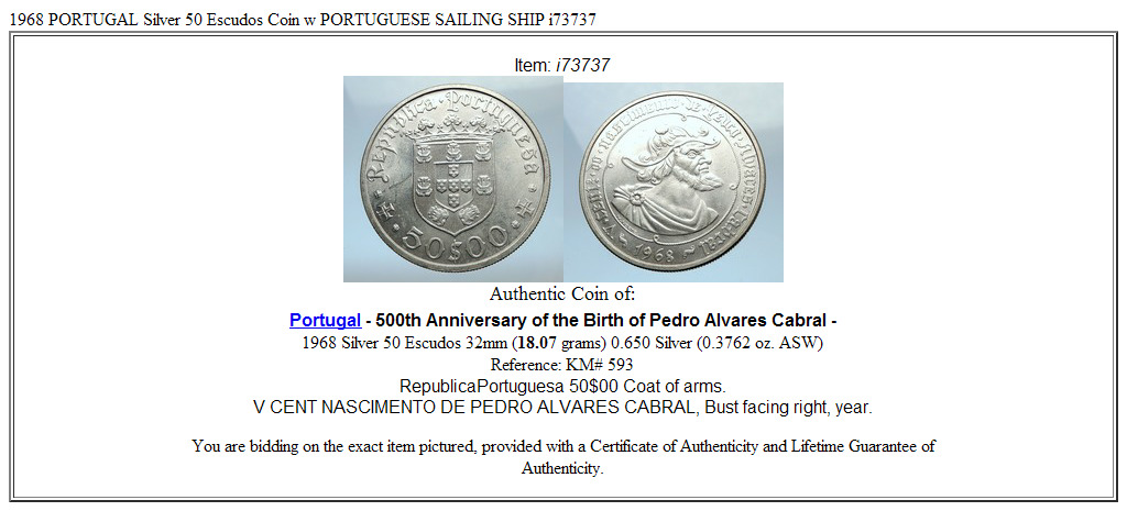 1968 PORTUGAL Silver 50 Escudos Coin w PORTUGUESE Pedro Alvares Cabral i73737