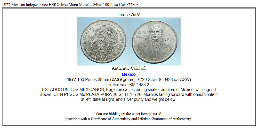 1977 Mexican Independence HERO Jose Maria Morelos Silver 100 Peso Coin i77808