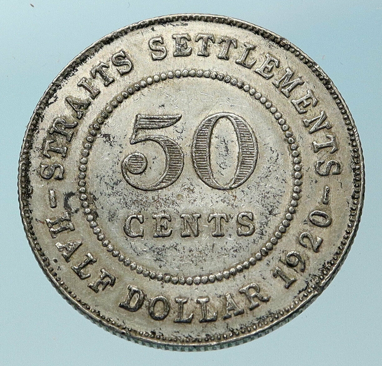 1920 STRAITS SETTLEMENTS UK King George V Genuine SILVER 50 CENTS Coin i83783