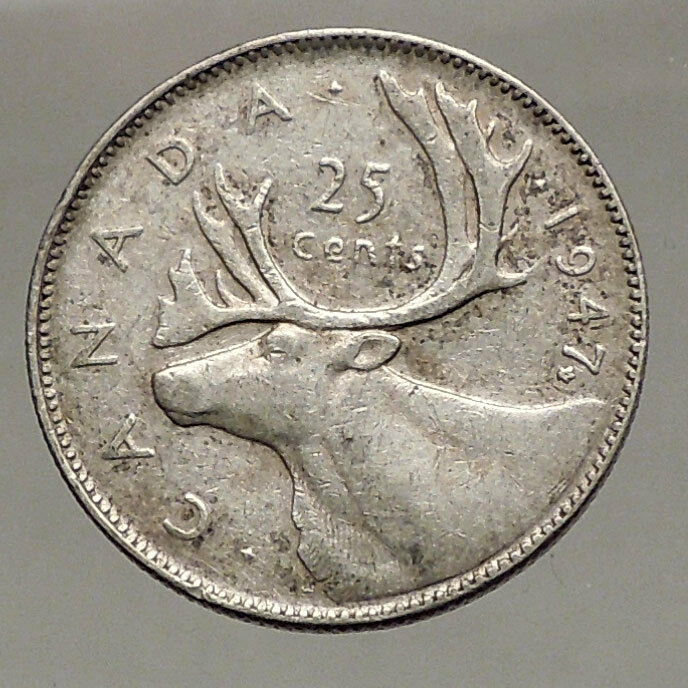 1947 CANADA King George VI of Britain Domains Silver 25 Cent Coin CARIBOU i57127