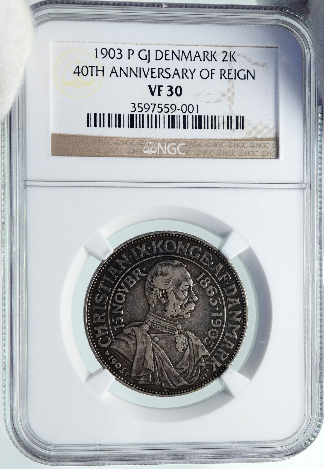 1903 DENMARK King Christian IX 25th Anniversary Silver 2 Kroner Coin NGC i86989