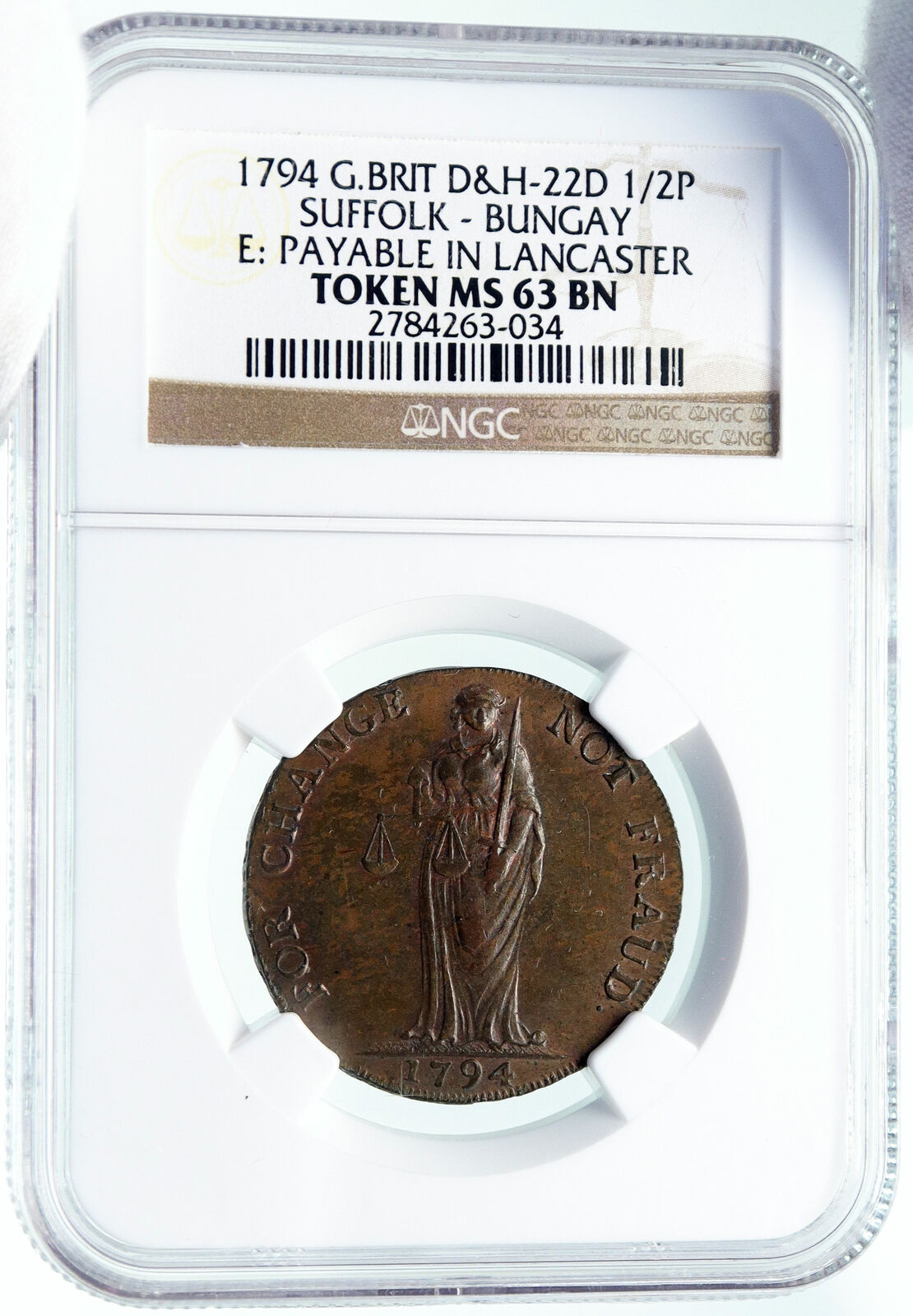 1794 ENGLAND UK Suffolk BUNGAY Lancaster Antique 1/2 P Conder Token NGC i86638