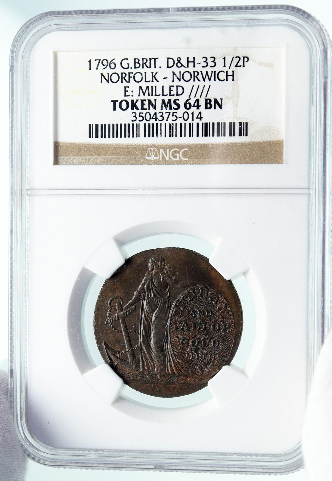 1796 ENGLAND UK Norfolk Norwich DUNHAM YALLOP Antique Conder Token NGC i86633