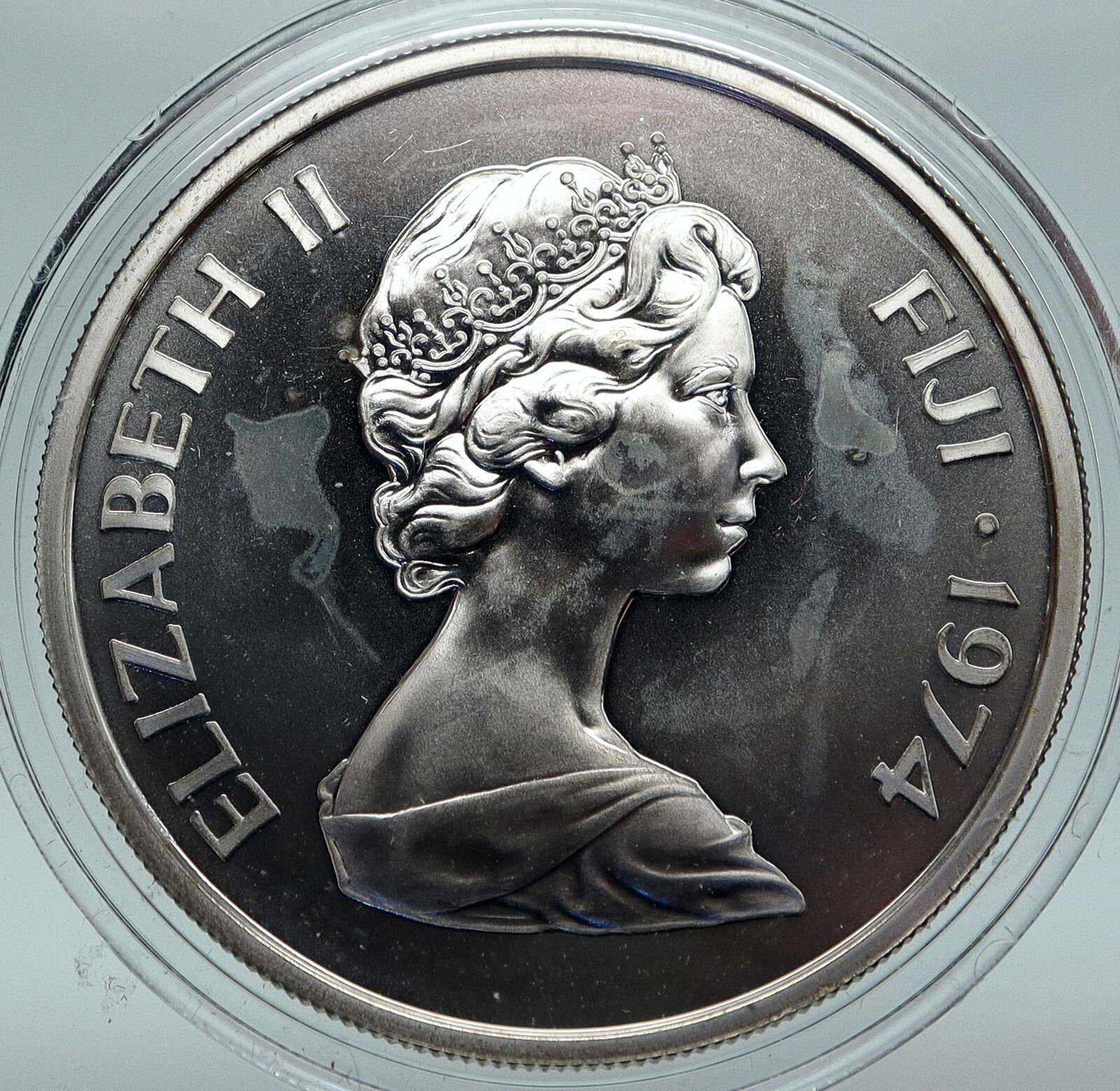 -1974 FIJI UK Queen Elizabeth II King Cokabau HUGE Matte Silver $25 Coin i86930