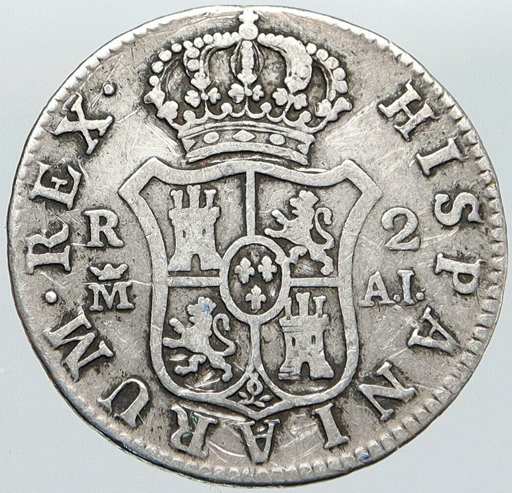 1808 M AI SPAIN King CHARLES IV Antique OLD Silver 2 Reales Spanish Coin i87584