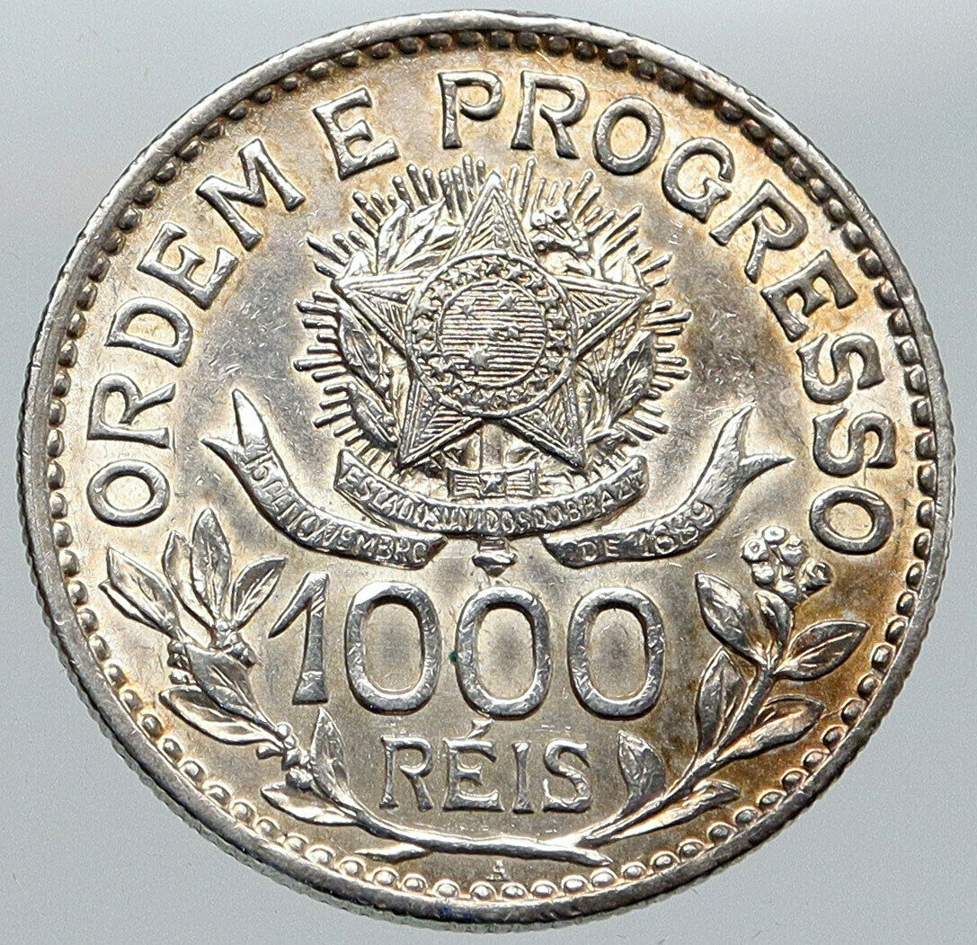 1913 BRAZIL Stars and LIBERTY Silver Genuine 1000 Reis OLD Brazilian Coin i87585