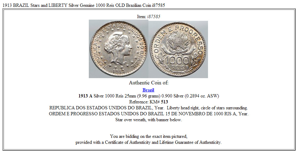 1913 BRAZIL Stars and LIBERTY Silver Genuine 1000 Reis OLD Brazilian Coin i87585