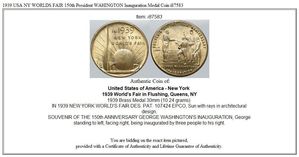 1939 USA NY WORLDS FAIR 150th President WAHINGTON Inauguration Medal Coin i87583