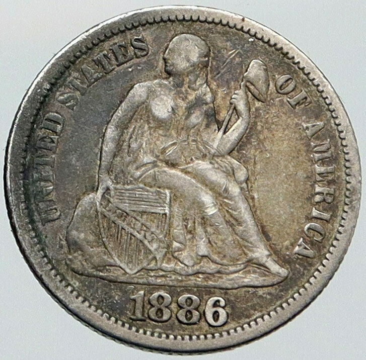 1886 UNITED STATES US Silver SEATED LIBERTY Genuine Antique OLD Dime Coin i87603