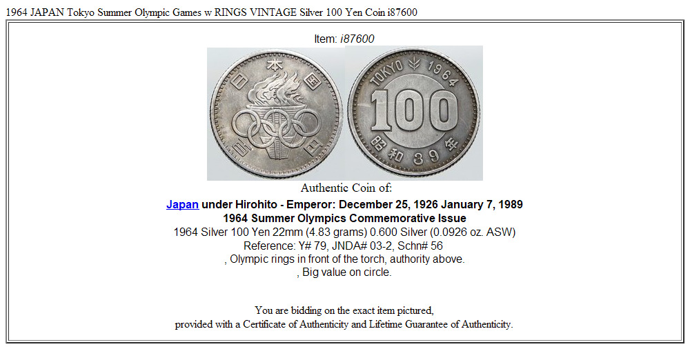 1964 JAPAN Tokyo Summer Olympic Games w RINGS VINTAGE Silver 100 Yen Coin i87600