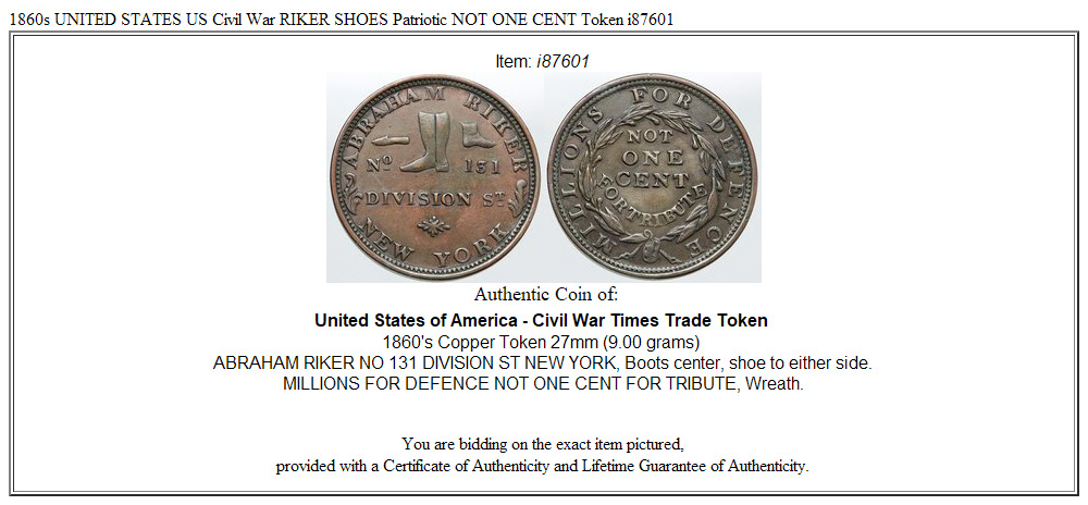 1860s UNITED STATES US Civil War RIKER SHOES Patriotic NOT ONE CENT Token i87601