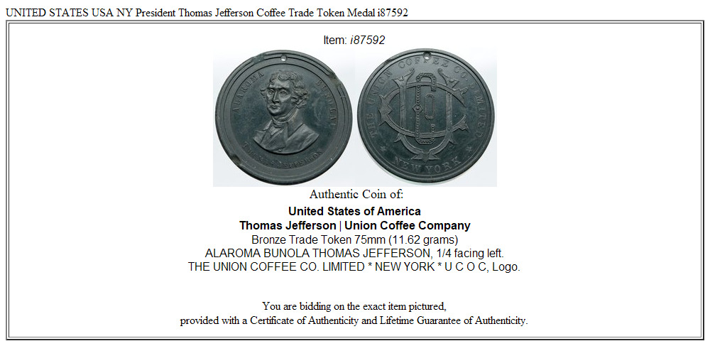 UNITED STATES USA NY President Thomas Jefferson Coffee Trade Token Medal i87592