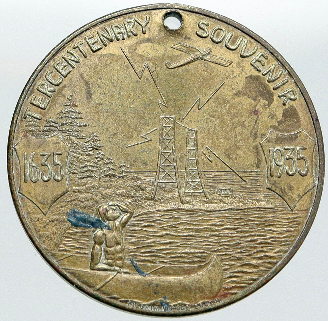 1935 CONNECTICUT CHARTER OAK Voyager Power Plant Airplane VINTAGE Medal i87599