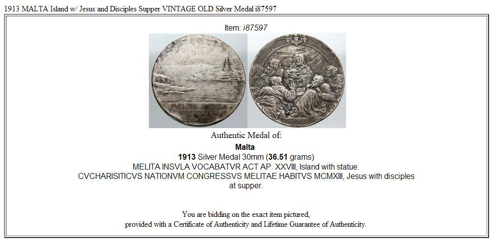 1913 MALTA Island w/ Jesus and Disciples Supper VINTAGE OLD Medal i87597