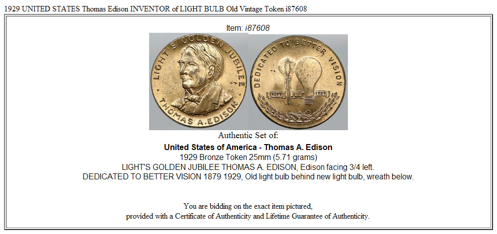 1929 UNITED STATES Thomas Edison INVENTOR of LIGHT BULB Old Vintage Token i87608