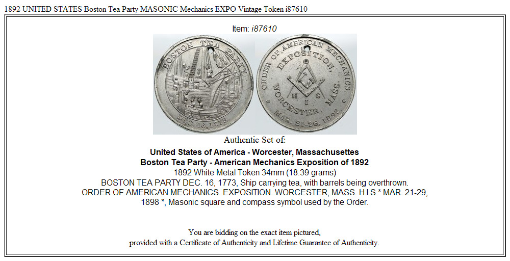 1892 UNITED STATES Boston Tea Party MASONIC Mechanics EXPO Vintage Token i87610