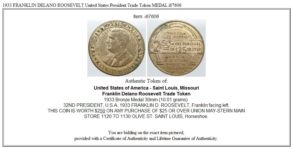 1933 FRANKLIN DELANO ROOSEVELT United States President Trade Token MEDAL i87606