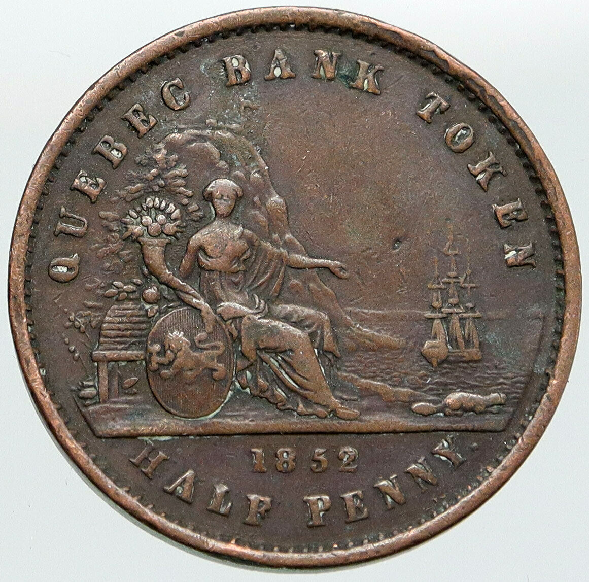 1852 CANADA Quebec Bank Token Historic Antique VINTAGE Half Penny Coin i87612